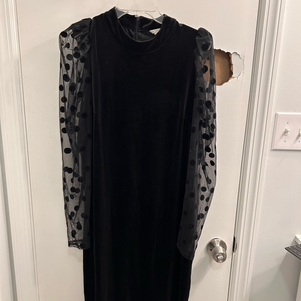 Elegant Black Velvet Dress with Sheer Polka Dot Sleeves